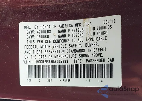 2016 Honda Accord Lx z USA, uszkodzony, nr VIN 1HGCR2F38GA005999
